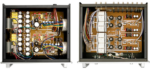 audio-research-reference-amniversary-voorversterker-binnenkant De binnenkant van voeding en audio-circuit. Duidelijk te zien is de dubbel-mono opzet in beide kasten